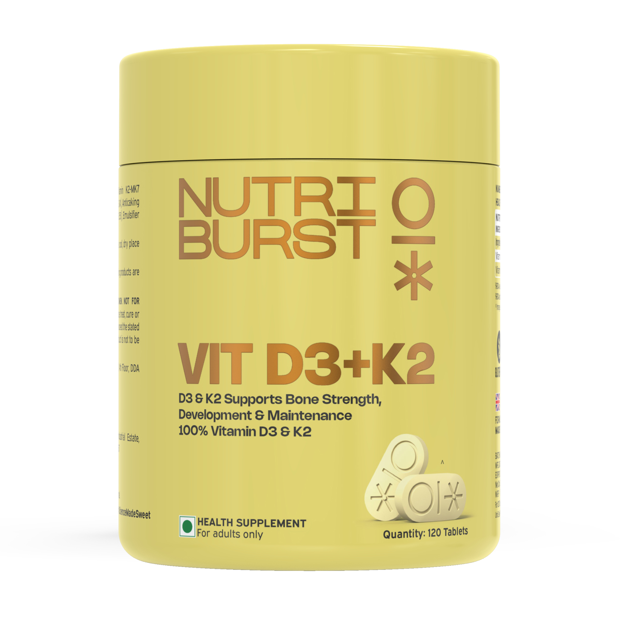 Vitamin D3 + K2 | Vitamin D3 K2 Supplement for Men Women | Supports Bone Strength Heart Health | 100 Vitamin D with K2 for Better Absorption | 120 Veg Tablets (4-Month Pack) | 140gm
