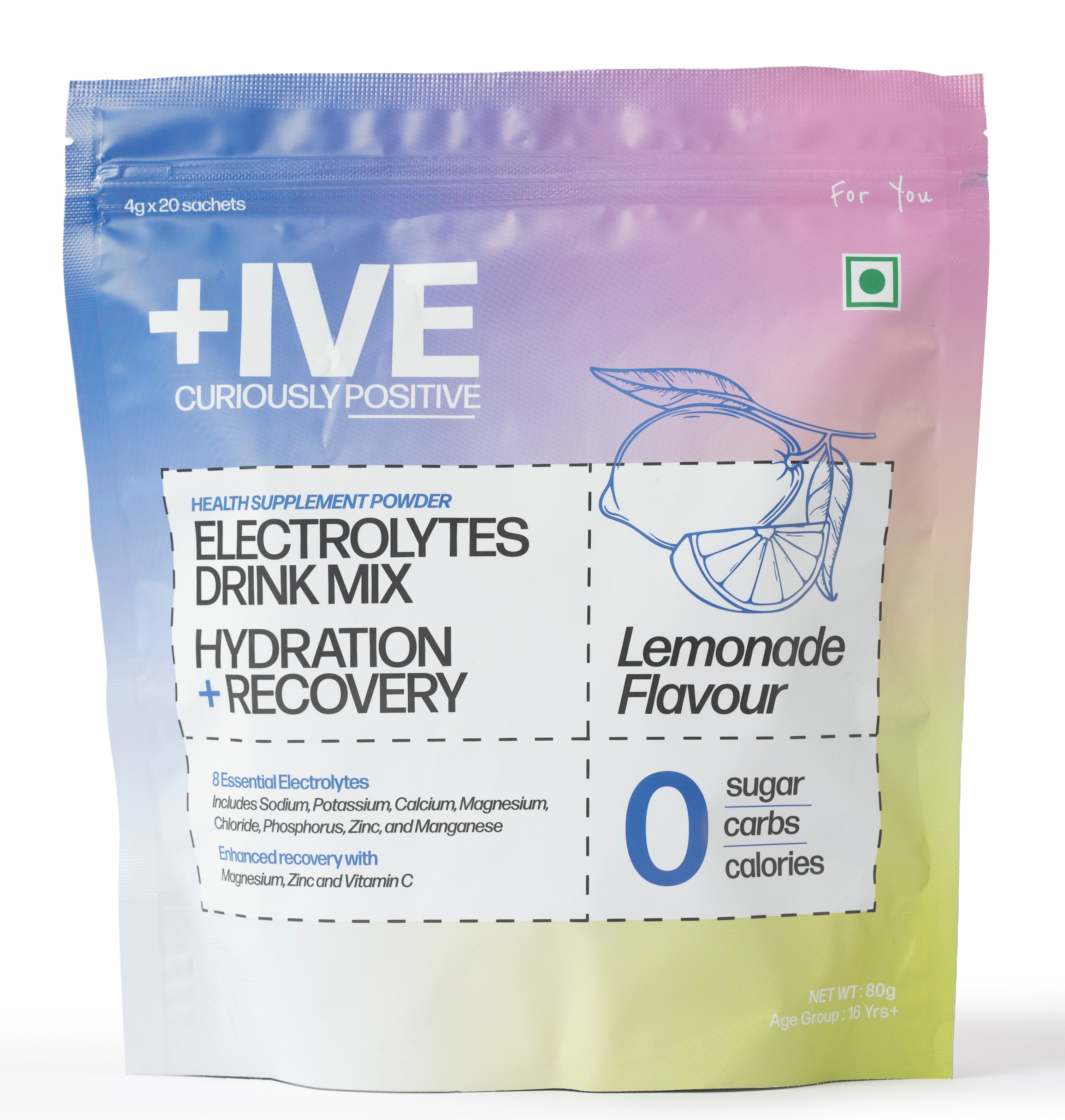 Electrolytes Drink Mix - Lemonade Flavour Pack - 80gm (4gm x 20 Sachet)| Zero Sugar, Zero Carbs, Zero Calories | Hydration + Recovery Supplement