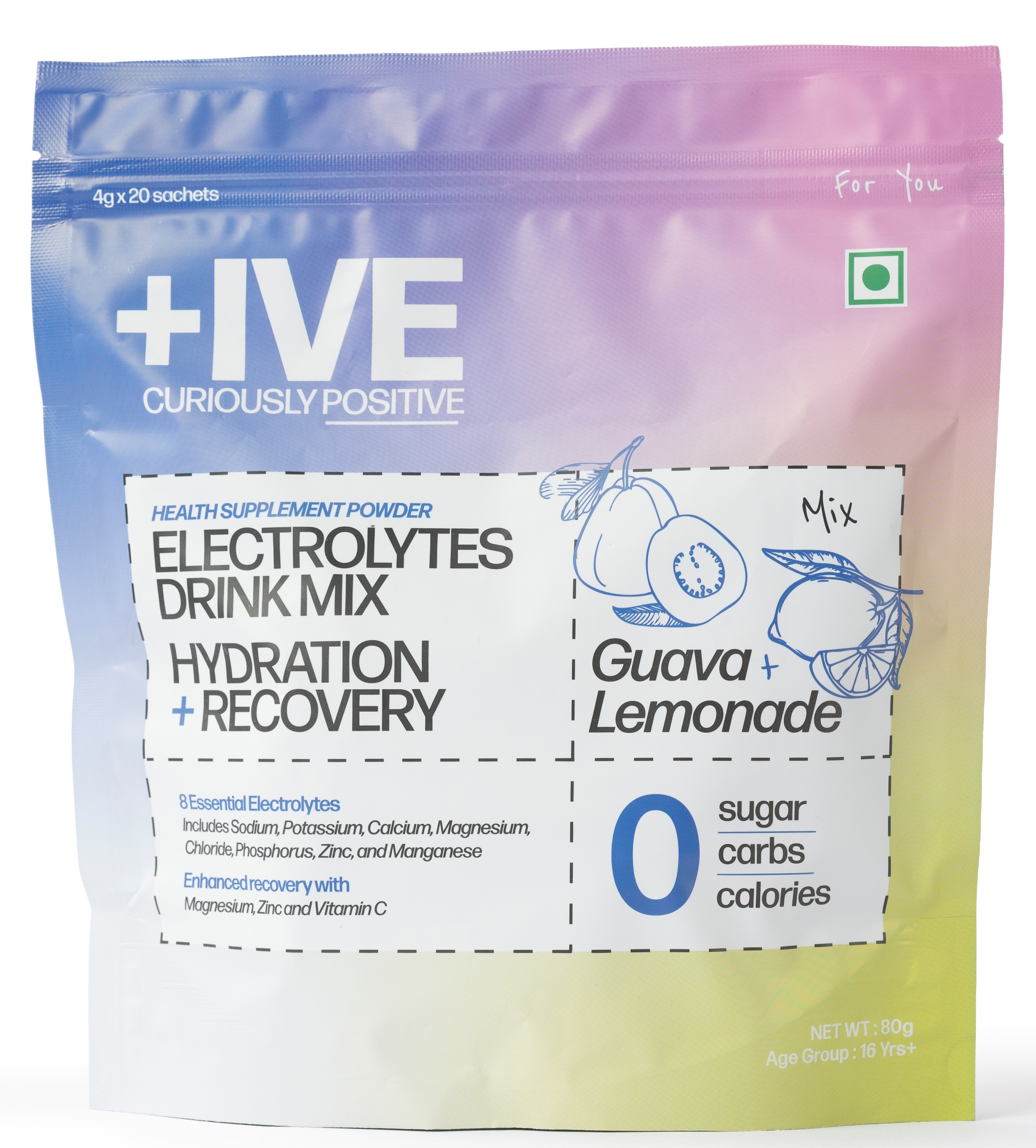 Electrolytes Drink Mix - Assorted Flavour Pack(Lemonade + Guava) 80gm| Zero Sugar, Zero Carbs, Zero Calories | Hydration + Recovery Supplement