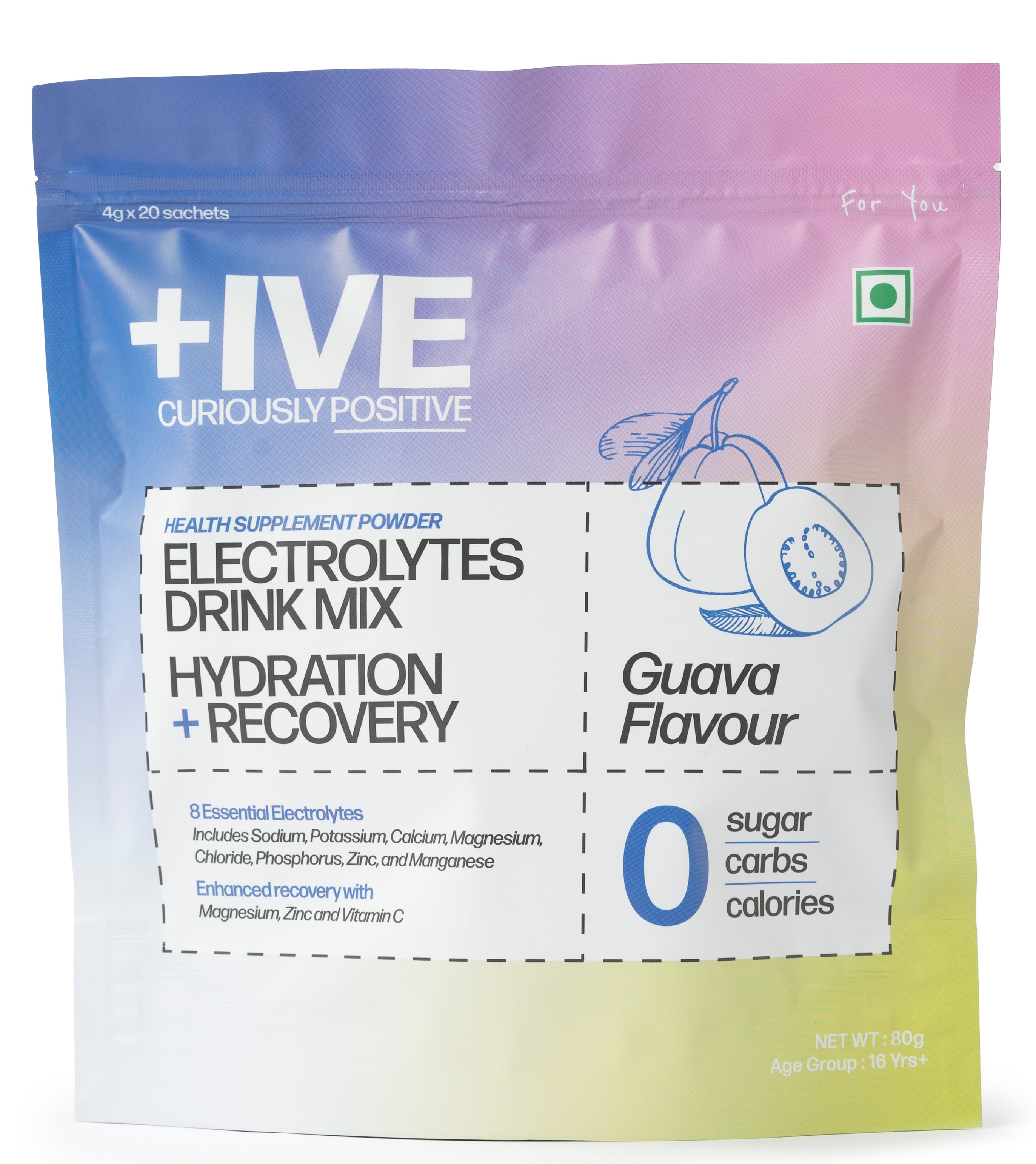 Electrolytes Drink Mix - Guava Flavour Pack - 80gm (4gm x 20 Sachet)| Zero Sugar, Zero Carbs, Zero Calories | Hydration + Recovery Supplement