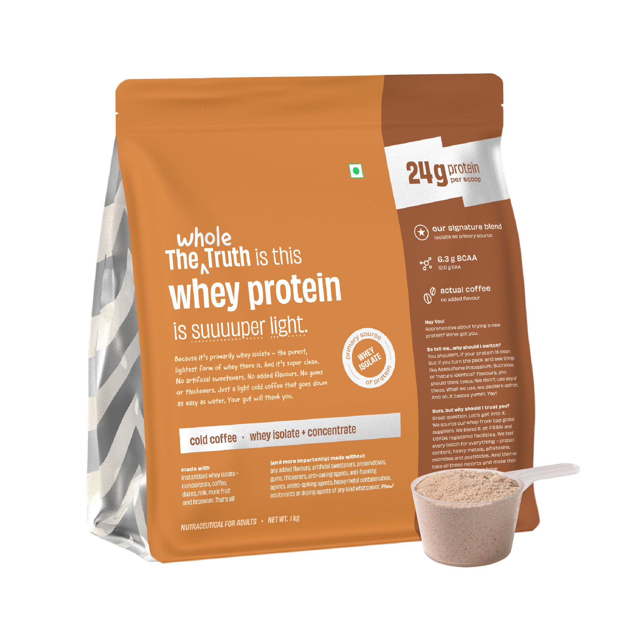 Whey Protein Isolate+Concentrate Cold Coffee 1 kg (2.2 lbs) 24g Protein/Scoop 6.6g BCAA 100 Authentic Whey No Adulteration Clean, Light Easy to Digest