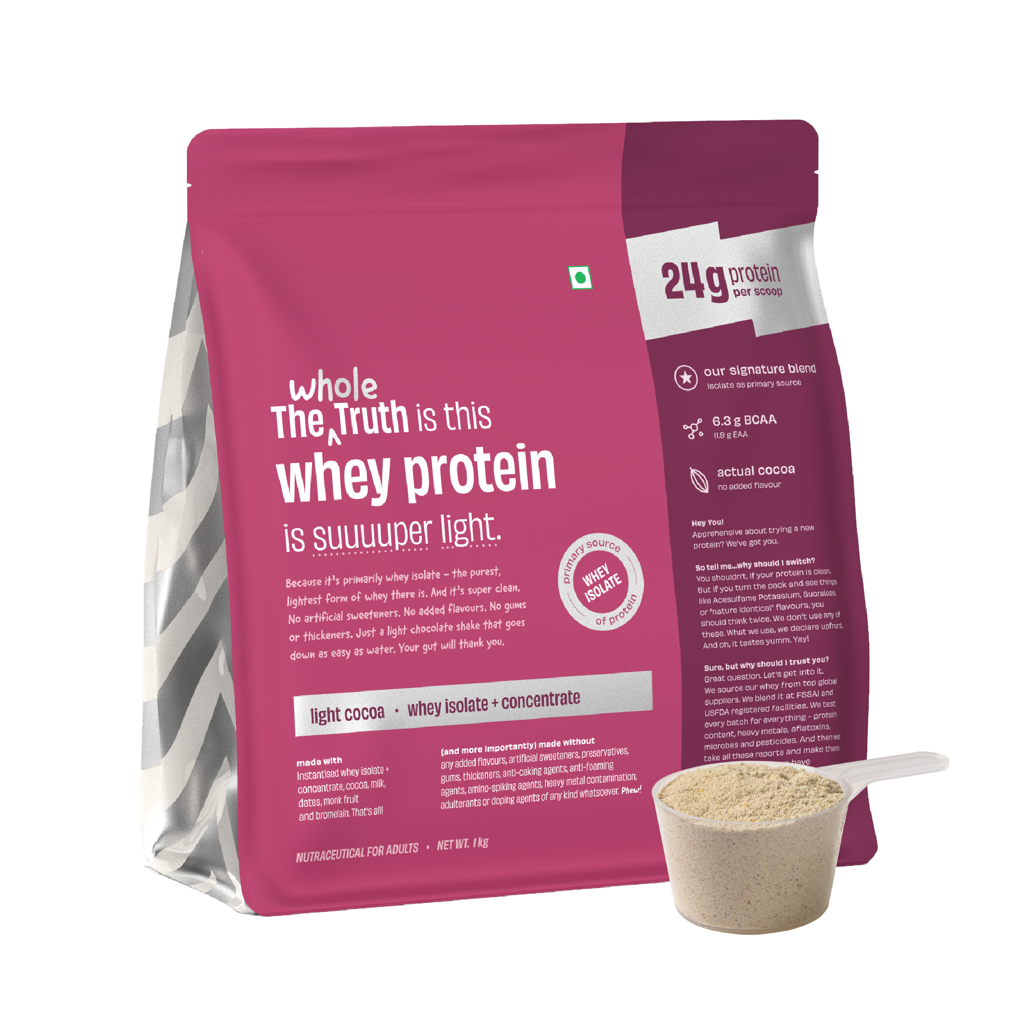 Whey Protein Isolate+Concentrate Light Cocoa 1 kg (2.2 lbs) 24g Protein/Scoop 6.6g BCAA 100 Authentic Whey No Adulteration Clean, Light Easy to Digest