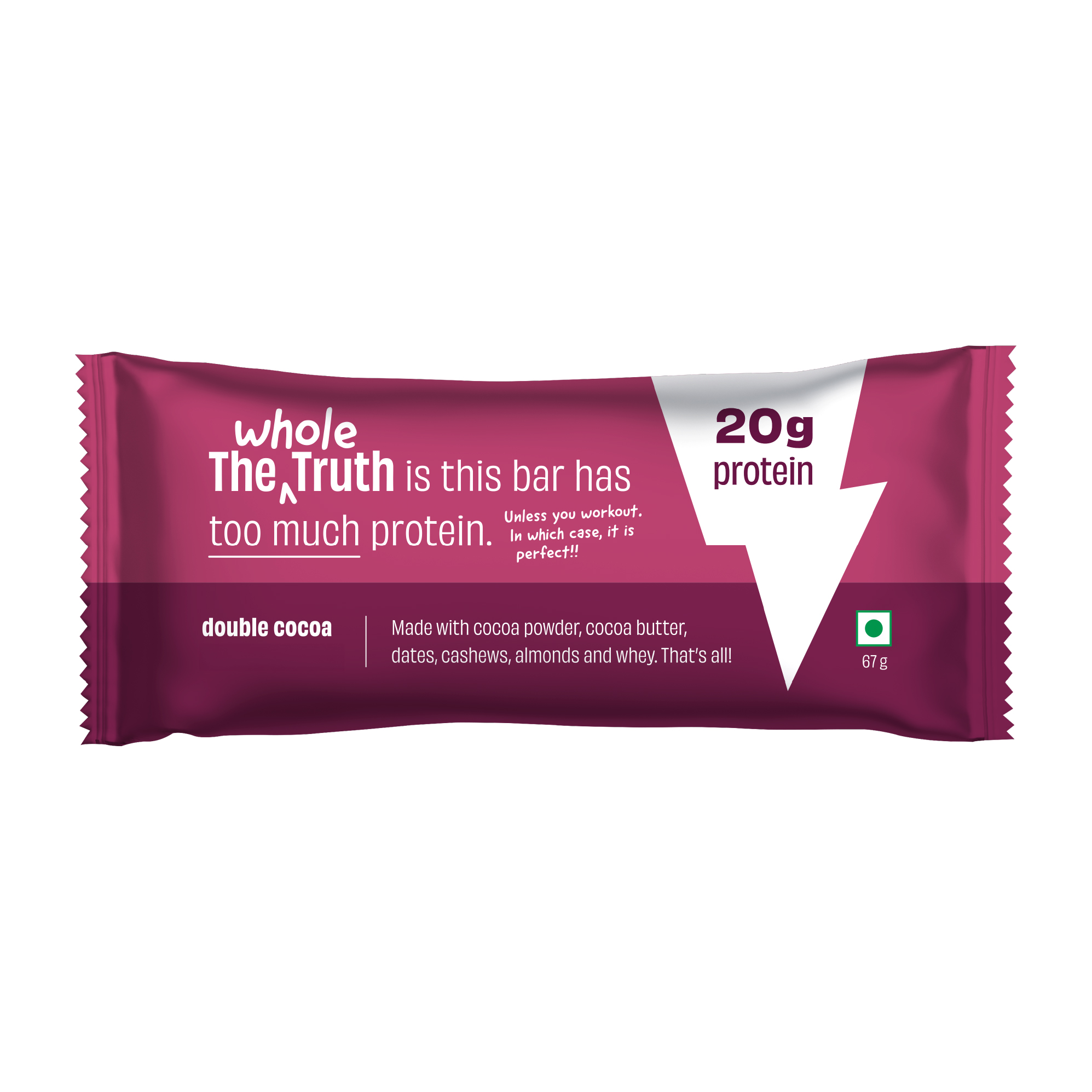High Protein Double Cocoa 20g Protein Bar - Pack of 5 x 67g each - No Preservatives - No Artificial Flavours - All Natural