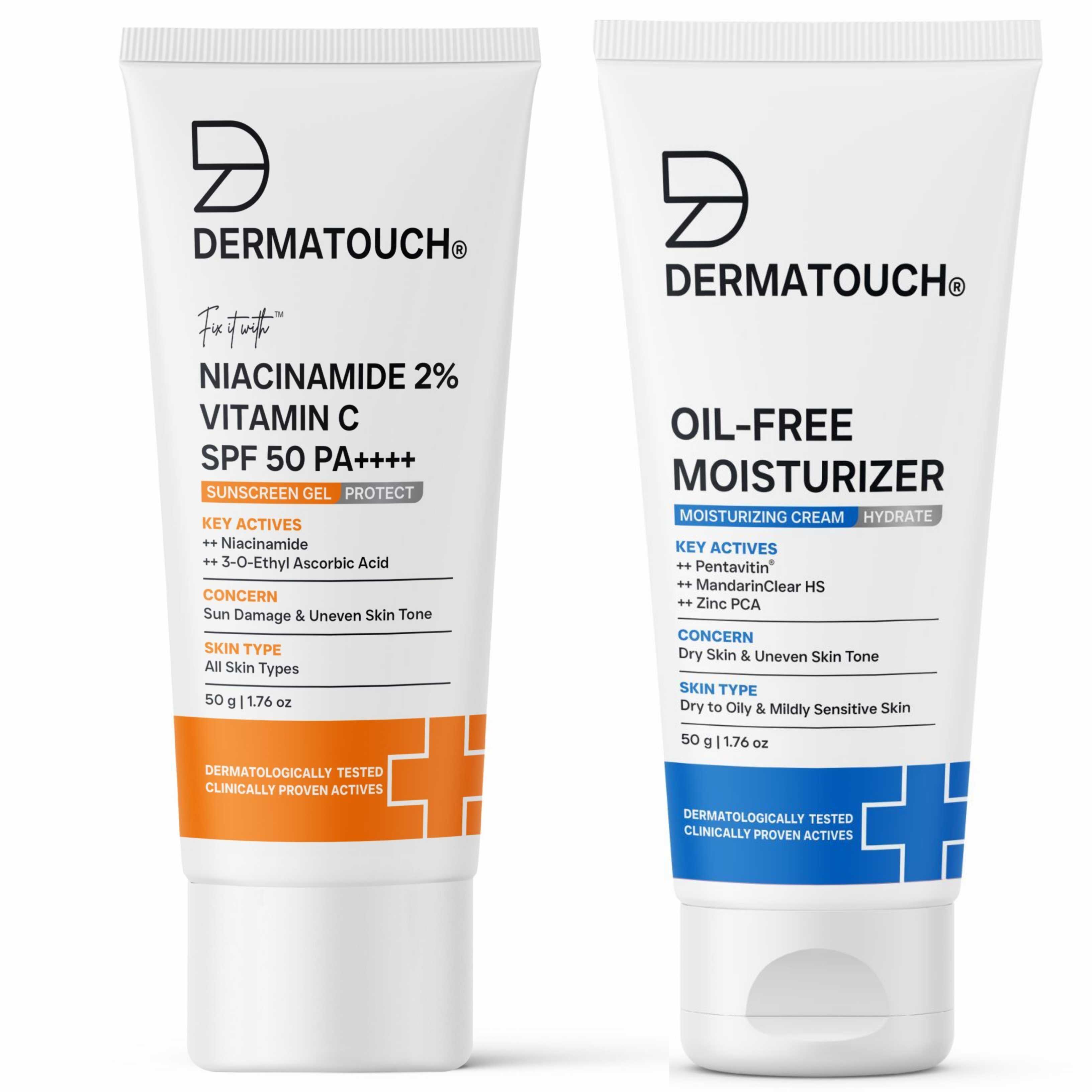Daily Glow Combo for All Skin Types | Oil-Free Moisturiser 50gm + Niacinamide 2 Vitamin C Sunscreen SPF 50 PA++++ 50gm | Tanning, Sun Damage, Hydration Uneven Tone | Dermatologically Tested