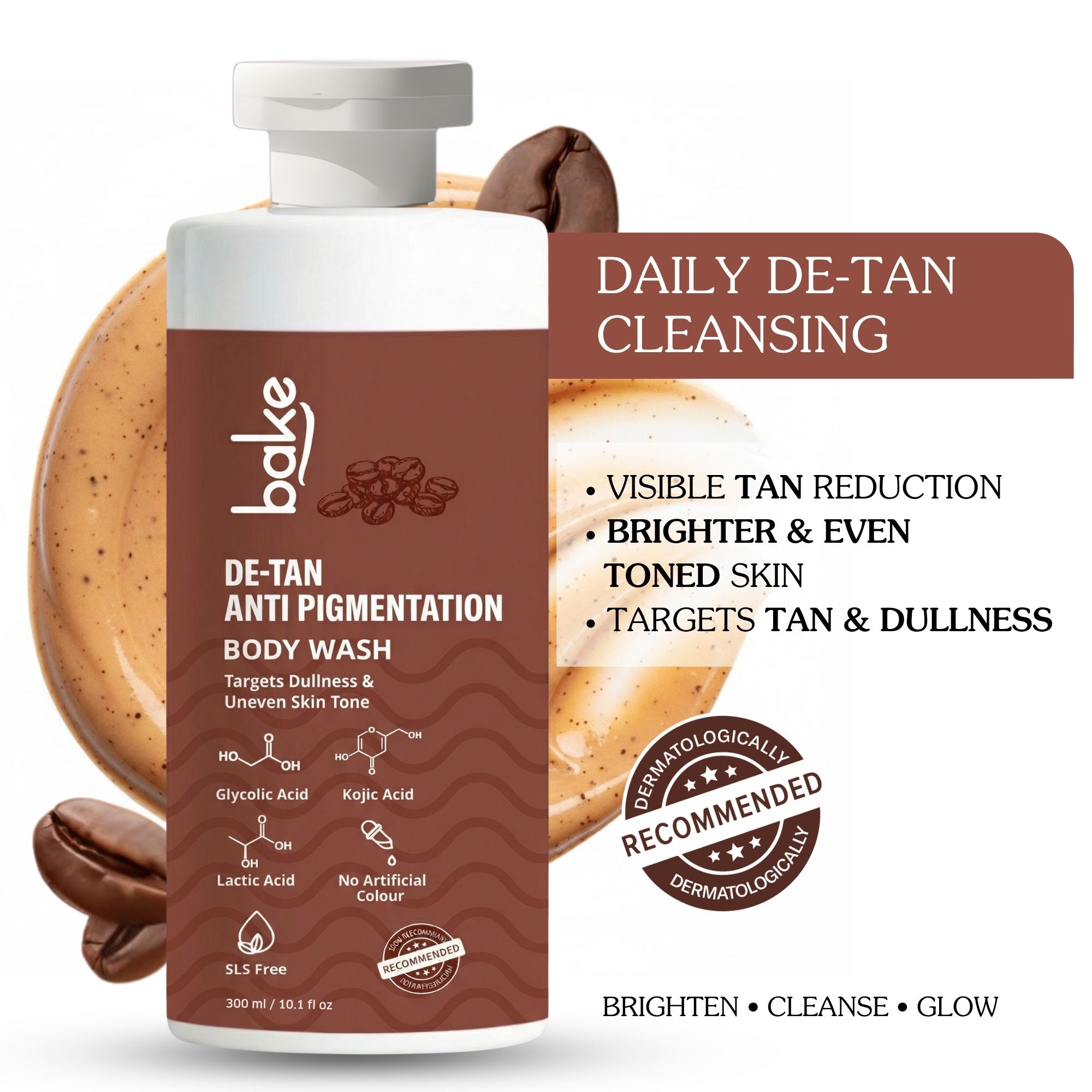 De-Tan Anti-Pigmentation Coffee Body Wash with Kojic, Glycolic Lactic Acid for Spots, Pigmentation Tan Removal 300ml
