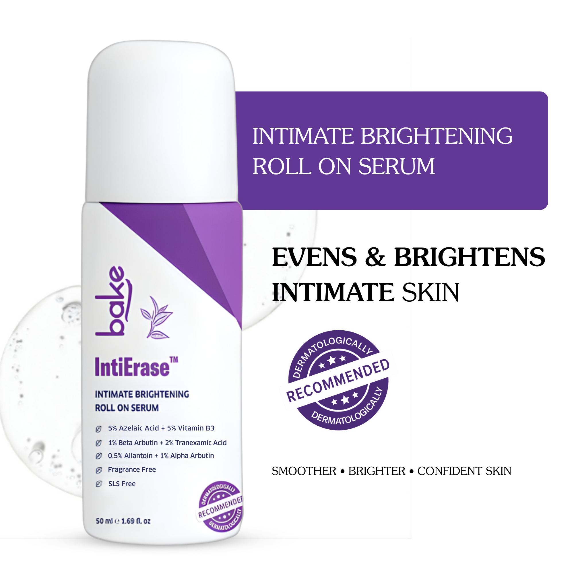 IntiErase Intimate Brightening Roll-On Serum with 5 Azelaic Acid 5 Niacinamide Reduces Pigmentation, Lightens Dark Spots for Dark Underarms, Inner Thighs, Bikini Area 50ml