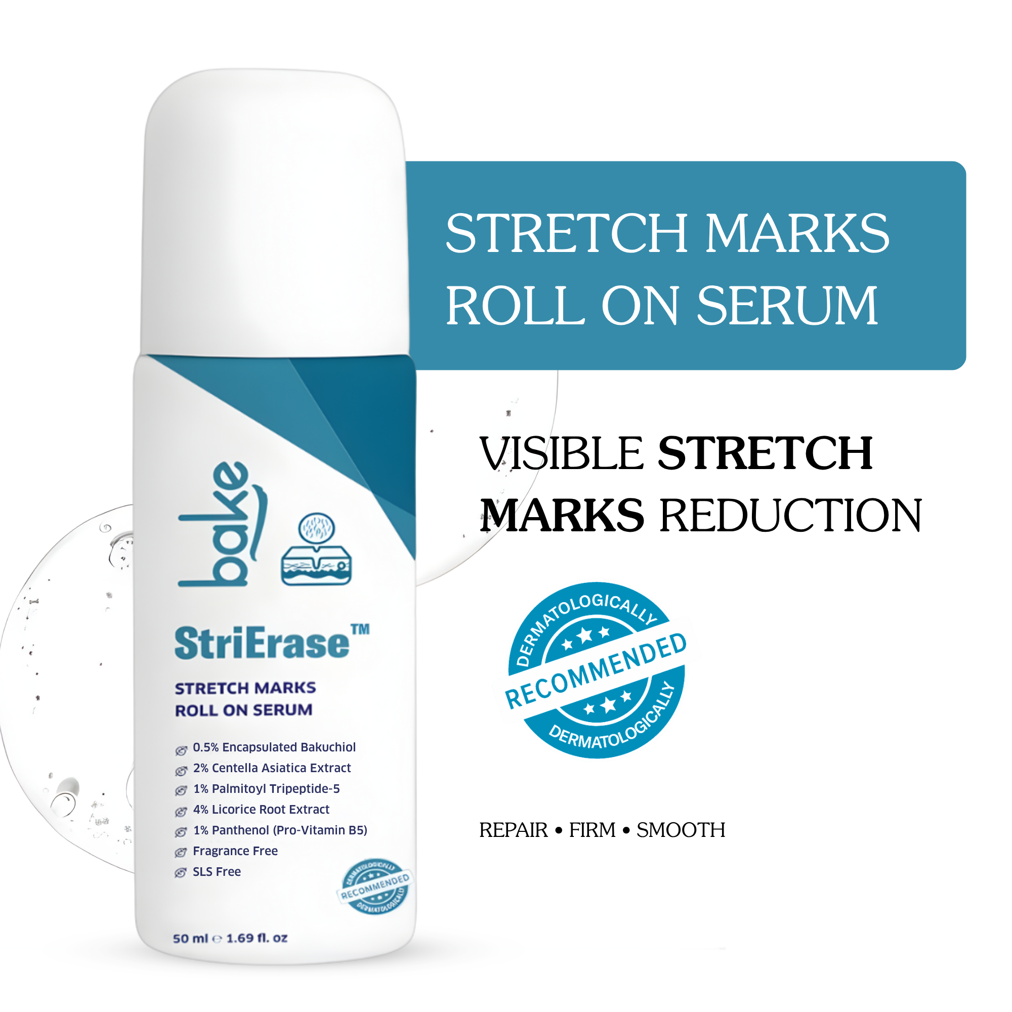 StriErase Stretch Marks Removal Roll On Serum with 0.5 Encapsulated Bakuchiol and 2 Centella Asiatica for Pregnancy Stretch Marks, Scars, Skin Firming Smoothening 50ml