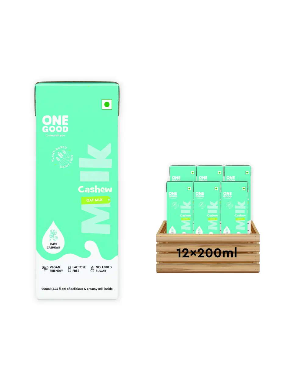 One Good by Nourish You No Added Sugar Cashew Oat Plant Based Milk | Lactose-Free | Gut-Friendly | Dairy-Free | Vegan | No Added Sugar | Plant Protein | 200ml Pack of 12 | 2400ml