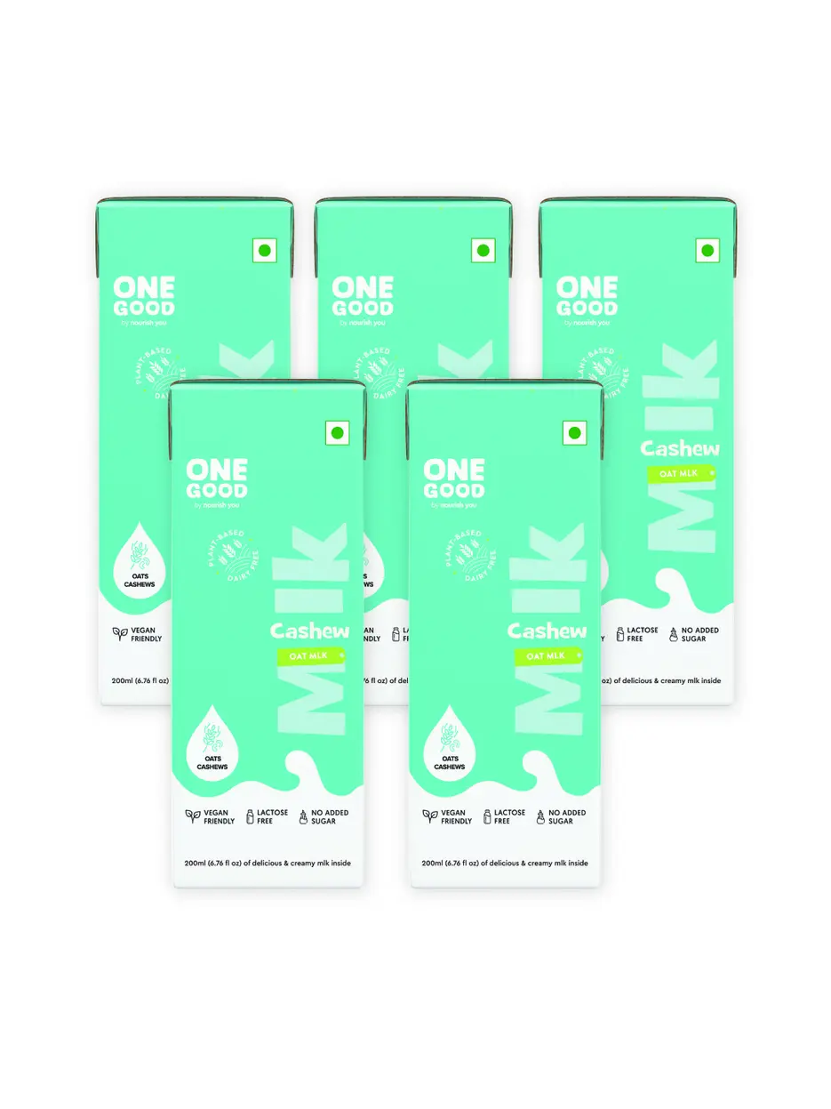 One Good by Nourish You No Added Sugar Cashew Oat Plant Based Milk | Lactose-Free | Gut-Friendly | Dairy-Free | Vegan | No Added Sugar | Plant Protein | 200ml Pack of 5 | 1000ml