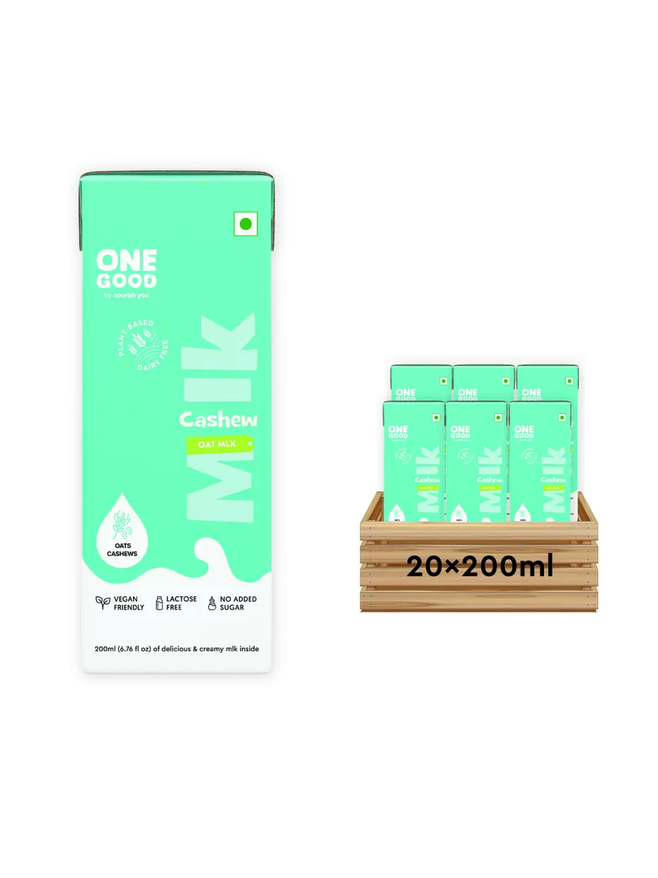 One Good by Nourish You No Added Sugar Cashew Oat Plant Based Milk | Lactose-Free | Gut-Friendly | Dairy-Free | Vegan | No Added Sugar | Plant Protein | 200ml Pack of 20 | 4000ml