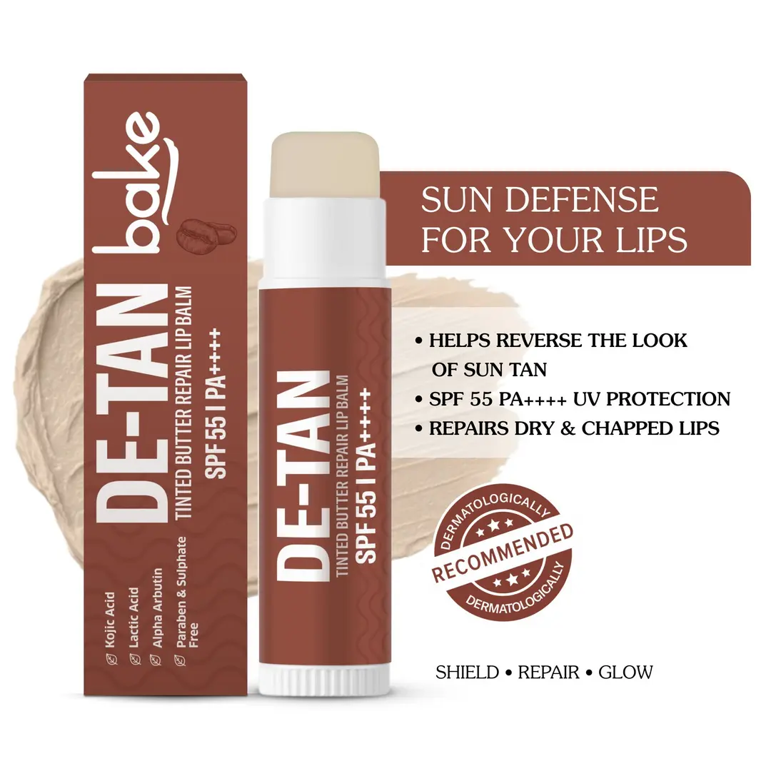 De-Tan Tinted Butter Lip Balm SPF 55 PA++++ with Kojic Acid, Alpha Arbutin Lactic Acid 24 Hours Moisturization 5ml