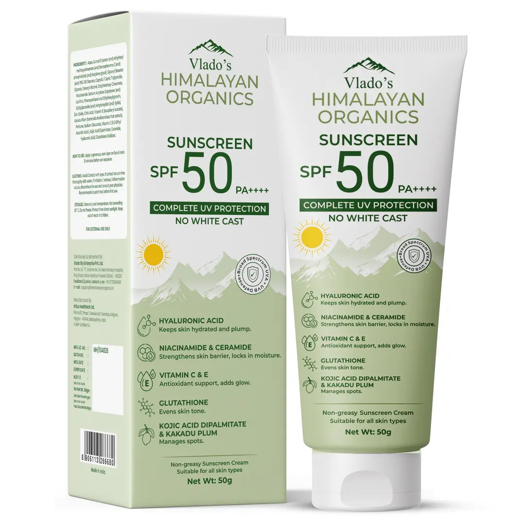Sunscreen SPF 50 PA+++ With Hyaluronic Acid, Niacinamide, Glutathione, Vitamin C E, Kojic Acid, Kakadu Plum Ceramide | No White Cast, Lightweight, 12H Long Lasting | For Oily, Dry, Sensitive Combination Skin | Broad Spectrum UVA/UVB Protection | Men