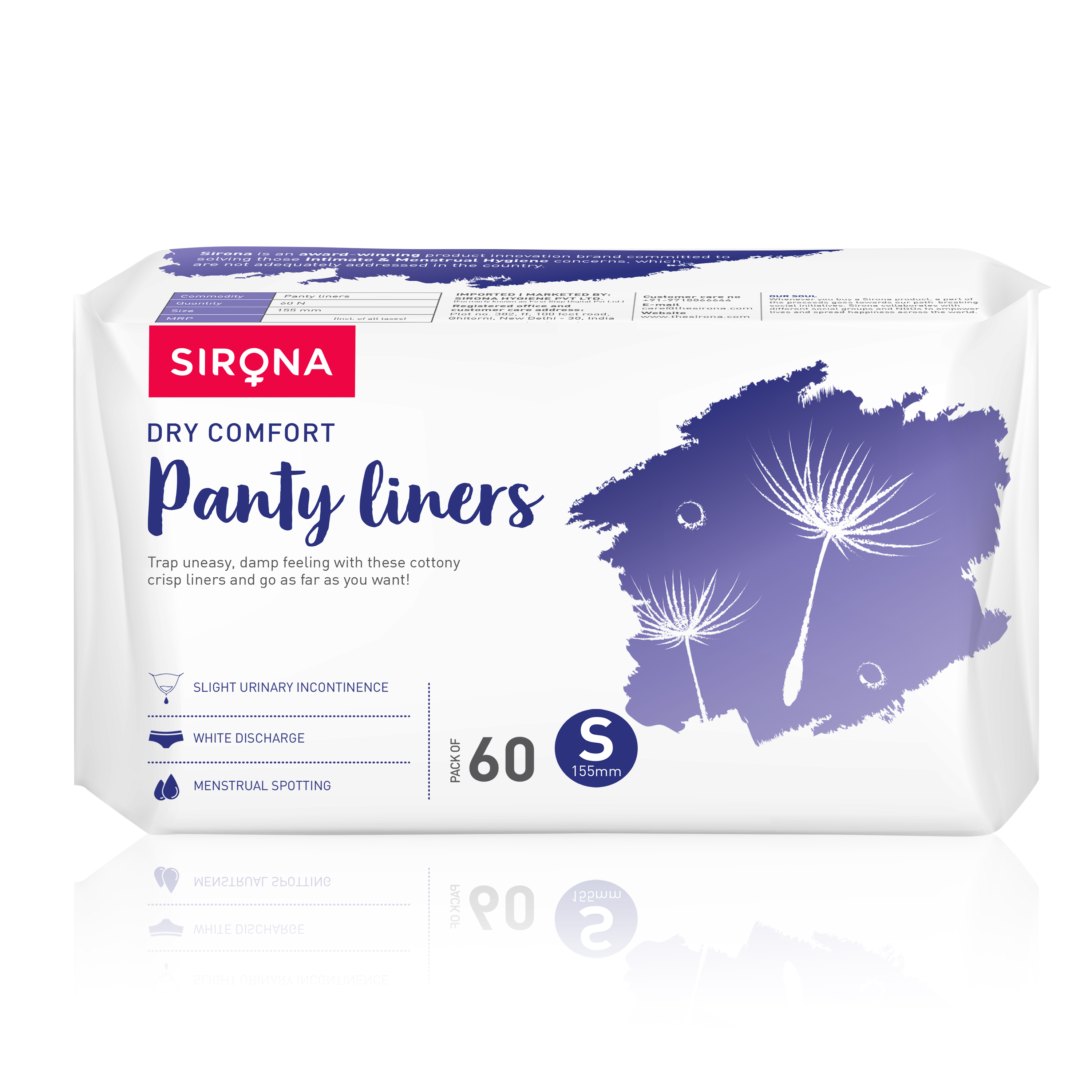 Sirona: Ultra-Thin Premium Panty Liners (Regular Flow) 60 Counts - Small