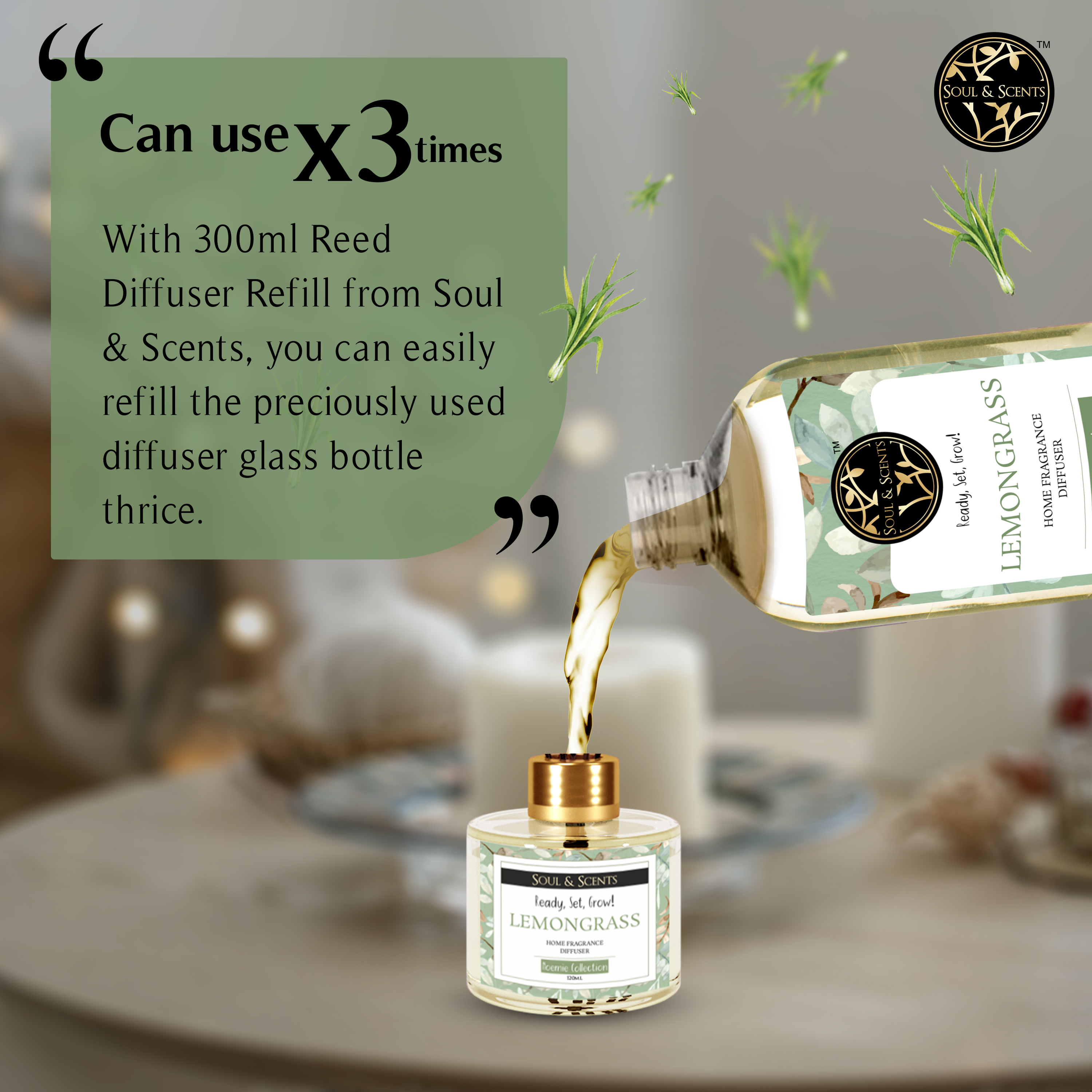 Soul & Scents Lemongrass Reed Diffuser Refill 300ml