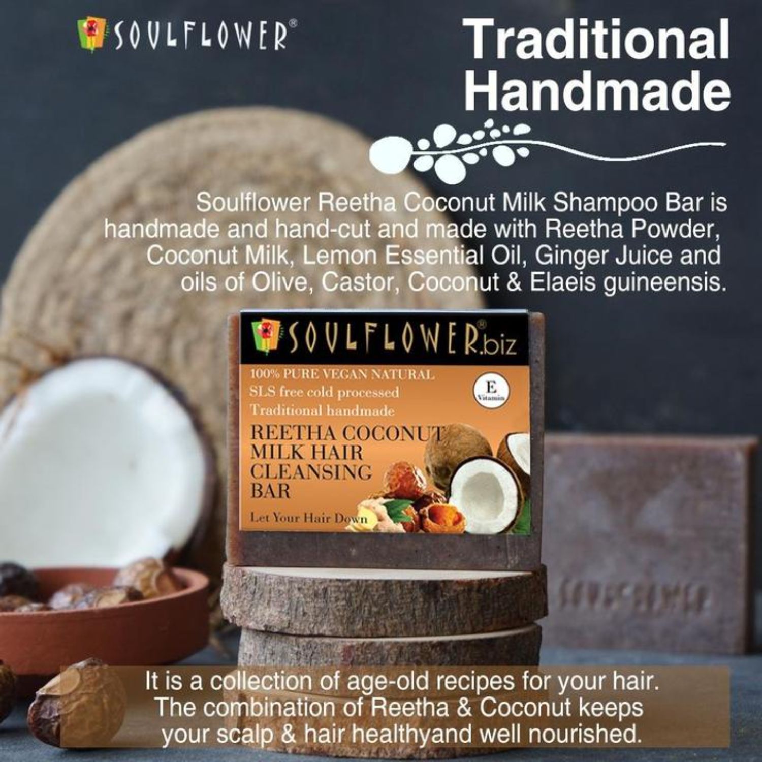 Soulflower Reetha, Coconut Milk Hair Cleansing Bar Soap 150g