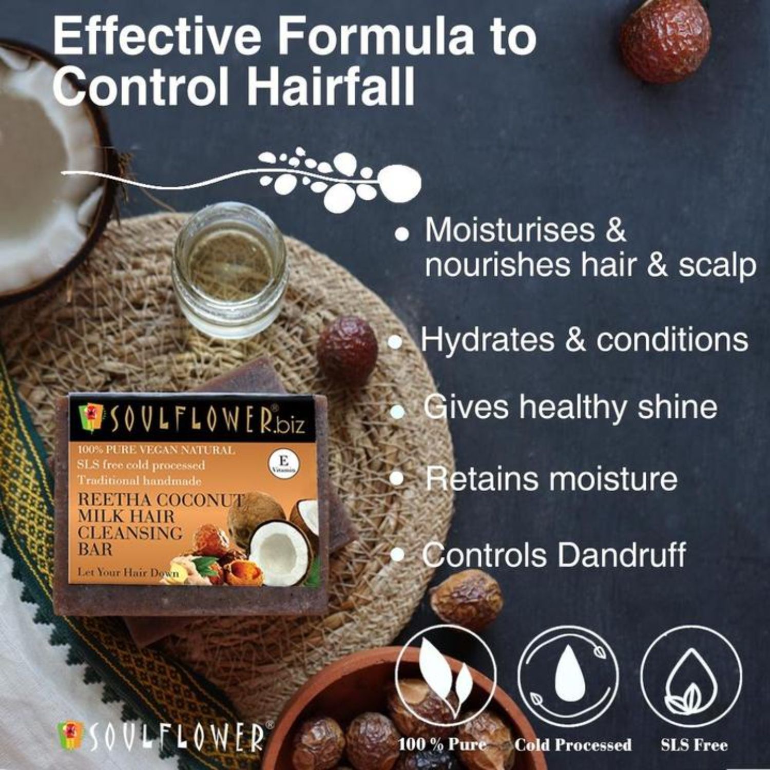 Soulflower Reetha, Coconut Milk Hair Cleansing Bar Soap 150g