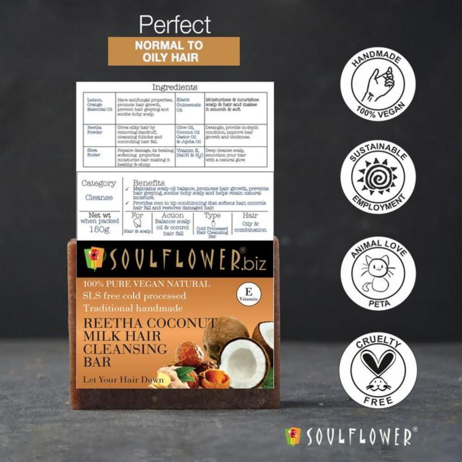 Soulflower Reetha, Coconut Milk Hair Cleansing Bar Soap 150g