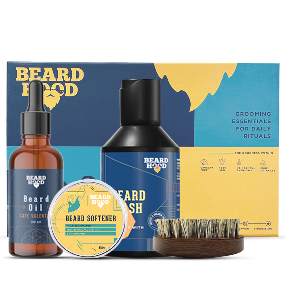 Cafe valentino Beard Oil, Beard Wash, Beard Brush, Beard Softener - Pack of 4