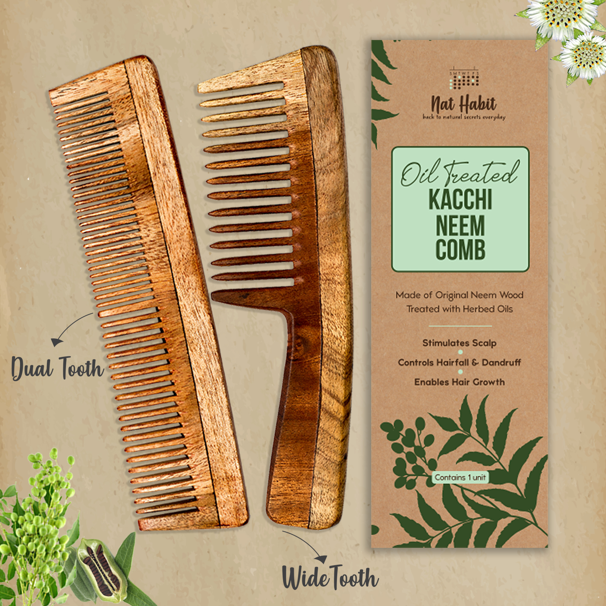 Nat Habit: Kacchi Neem Comb (Wide + Dual Combo)