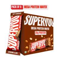 SuperYou: Nutty Chocolate Mega Protein Wafer Bar (Pack of 6) 20gm Protein , 4.8gm Fibre, No Added Sugar | Yeast Fermented Protein|Energy Bars|Crunchy Wafer Bar|100% Vegetarian|No Palm Oil | 360gm