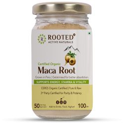 Rooted Active Naturals: Maca Root Extract powder (100 g) -Stamina, Virility, Hormonal support| Imported from Peru, Certified Organic, Gelatinised