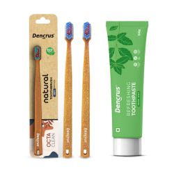 DENCRUS: Mint Toothpaste And Octa Clean Bamboo Toothbrush Pack of 2 Combo | Mint Oral Care Combo