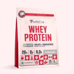 TruNativ: Whey protein powder | Blend with Isolate and Concentrate | 26g Protein | 6g BCAA | No added Sugar| Strawberry (907g / 2lbs)