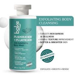Bake Cosmetics: 2% Glycolic Acid + 3% Lactic Acid AHA Body Wash for Tan Removal, Strawberry Skin, Rough & Bumpy Skin 300ml