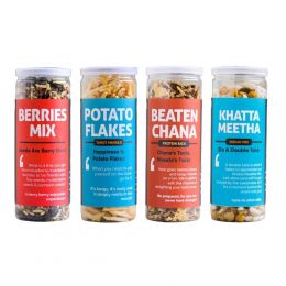 Omay Foods: Best Roasted Snacks Pack - Berries Mix, Beaten Chana, Khatta Meetha Mix, Potato Flakes - Pack of 4