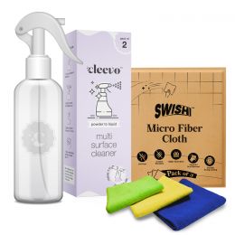 Cleevo: Powder To Liquid Multi Surface Cleaner With Lavender Bottle And Pack Of 3 Micro Fiber Cloth - 500ml Each