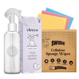 Cleevo: Powder To Liquid Multi Surface Cleaner With Bottle And Pack Of 3 Cellulose Sponge Wipes, 1L, Lavender (2*500ml)