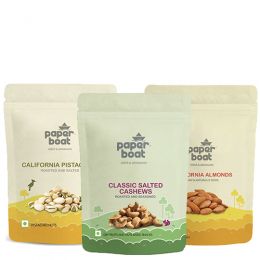 Paper Boat: Combo of Classic Salted Cashews, California Pistachio - Roasted & Salted, California Almonds (200gm each)