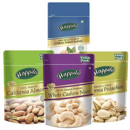 Happilo: Combo of Premium Californian Almonds, Whole Cashews, Chilean Inshell Walnut Kernels & Roasted & Salted Pistachios (500g each)