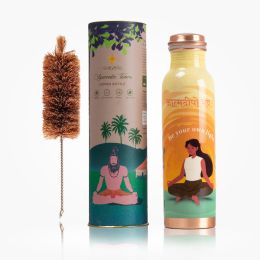 Sarveda: Copper Water Bottle with Cleaning Brush - Orange Light - 1 Litre