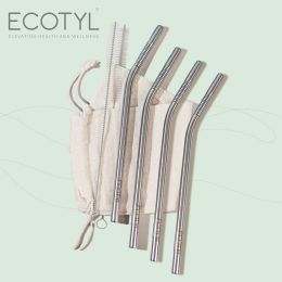 Ecotyl: Stainless Steel Straw Bent with Cleaning Brush | Reusable Straws | Set of 4