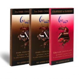 Gowhey: Bitter Sweet Dark Chocolate Bars (2 - 70% Dark Chocolate Bars , 1 - 62% Strawberry & Cranberry Bar) 50gm each (Pack of 3)