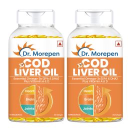 Dr. Morepen: COD Liver Oil Capsules with Natural Omega 3, Vitamin A & D for Healthy Heart, Brain, Eyes & Joints - 100 Softgels Pack of 2