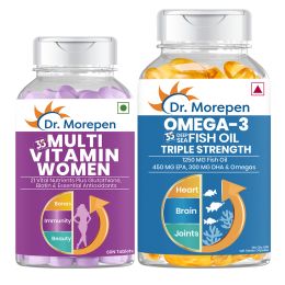 Dr. Morepen: Multivitamins for Women with Calcium & Herbal Extracts for Energy & Immunity Boost - 60 Veg Tablets and Omega 3 Deep Sea Fish Oil Triple Strength for Healthy Heart, Brain & Joints, 1250mg with 900mg DHA & EPA - 60 Softgels