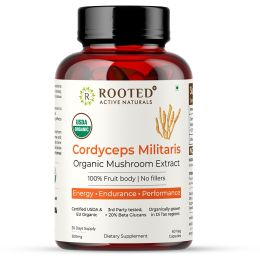 Rooted Active Naturals: Cordyceps Militaris Mushroom Extract  (60 caps, 500 mg) |Energy, Stamina, Supports Testosterone, Virility, Lung health |USDA Organic, 20% Beta Glucans