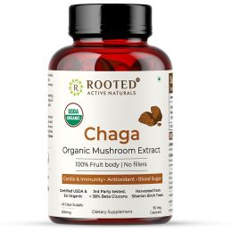 Rooted Active Naturals: Siberian Chaga mushroom Extract (90 Caps, 500 mg) |Blood Sugar, Heart & Immunity. USDA Organic, 35% Beta Glucans