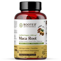 Rooted Active Naturals: Maca Root Extract with Reishi Mushroom (90 Veg Caps, 750 mg) -Stamina, Virility, Hormonal support| Imported from Peru, Certified Organic, Gelatinised