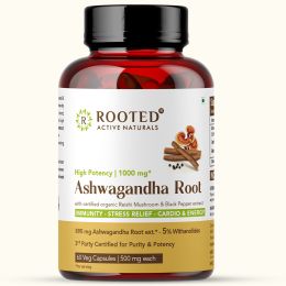 Rooted Active Naturals: Ashwagandha root extract (5% withanolides, 60 Caps, 500 mg) ,enhanced with Reishi Mushrooms | Supports Stress, Anxiety Relief, Energy & Immunity