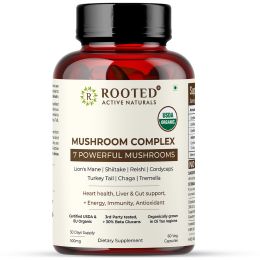 Rooted Active Naturals: 7 Mushrooms Complex (60 Veg Caps, 500 mg) |  for Heart, Liver, Gut, Energy & Immunity (USDA organic, 30% Beta Glucans