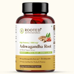 Rooted Active Naturals: Ashwagandha extract (5% Withanolides, 60 Caps, 500 mg ) with Reishi & Black pepper extract |Stress Relief,Cardio & Energy,Immunity,Liver support