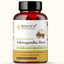 Rooted Active Naturals: Ashwagandha extract (5% Withanolides 60 Caps, 500 mg) with Lions Mane & Black pepper extract | Stress Relief,Cardio & Energy,Immunity,Brain Health