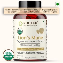 Rooted Active Naturals: Lions Mane mushroom Extract  ( 60 Veg Caps, 500 mg) | Memory, Focus, Brain Powder & Nerve Health. USDA Organic, 38% Beta Glucans