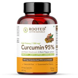 Rooted Active Naturals: Turmeric Curcumin (95%) with Reishi Mushroom extract (for better absorbtion)1300mg, for Immunity, Joints Cardio Health| 60 VEG Capsules, 650 Mg each