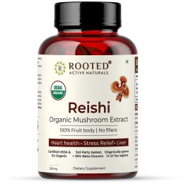 Rooted Active Naturals: Reishi mushroom Extract Powder (60 Veg Caps, 500 mg) | Heart health, Stress Relief, Liver.  supportUSDA Organic, 30% Beta Glucans