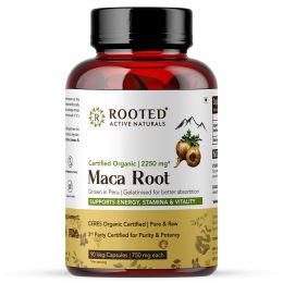 Rooted Active Naturals: Maca Root Extract  (90 Veg Caps, 750 mg) -Stamina, Virility, Hormonal support| Imported from Peru, Certified Organic, Gelatinised