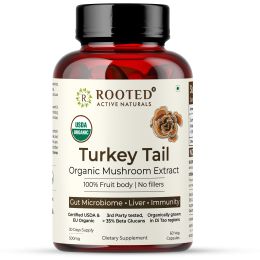 Rooted Active Naturals: USDA Organic Turkey Tail Mushroom Extract (60 Veg Caps, 500 mg), &gt; 35% Beta Glucans